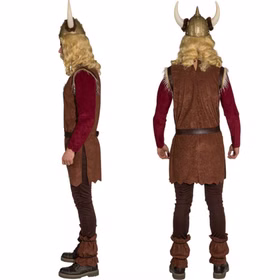 Seiten- und Rückansicht des braunen Wikinger Kostüms für Herren mit weinroten Ärmeln, Gürtel und passenden Beinstulpen.