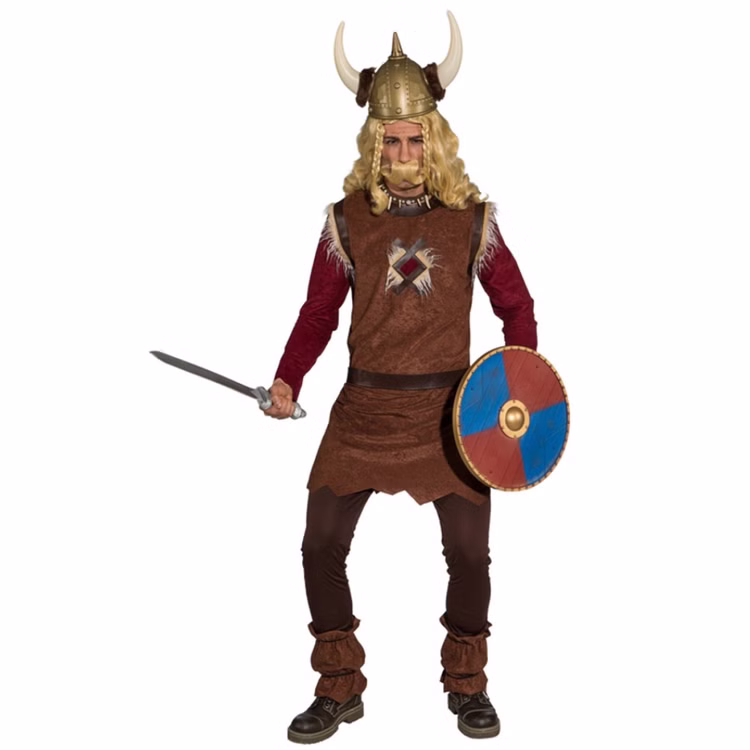 Wikinger Kostüm Herren – Nordischer Krieger mit Tunika, Gürtel & Beinstulpen Gr. 46/48 SALE Fasching Karneval Mottoparty Herr im braunen Wikinger Kostüm Asbru mit Tunika, Gürtel und Beinstulpen; Helm, Schwert und Schild dienen als Zubehör.