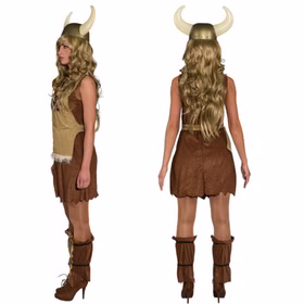 Seiten- und Rückansicht des Wikingerin-Kostüms mit ärmellosem braunem Kleid, gezacktem Saum und zweifarbigen Stulpen.
