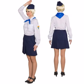 DDR Kostüm Jungpionierin für Damen Gr. 36-44 blau Ostalgie Paarkostüm Gruppenkostüm Fasching Karneval Mottoparty Nostalgie Paar-Kostüm Frau trägt Jungpionierin Kostüm mit blauer Rockuniform, weißer Bluse, Halstuch und Mütze in Vorder- und Rückansicht.