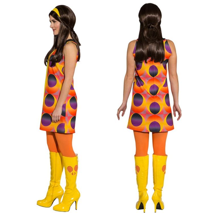 70er Jahre Kostüm Retro Disco Kleid für Damen Gr. 36-44 Kleid gelb Flower Power Hippie Fasching Karneval Mottoparty Paarkostüm