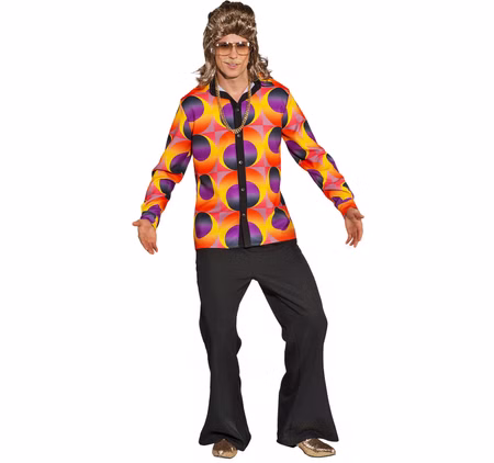 70er Jahre Disco Hemd Herren bunt Retro Punkte Gr. 50/52 SALE Kostüm-Zubehör Fasching Karneval Mottoparty Herr in buntem 70er-Jahre-Discohemd mit orange-gelb-lila Kreismuster und schwarzer Schlaghose; geliefert wird nur das Hemd.