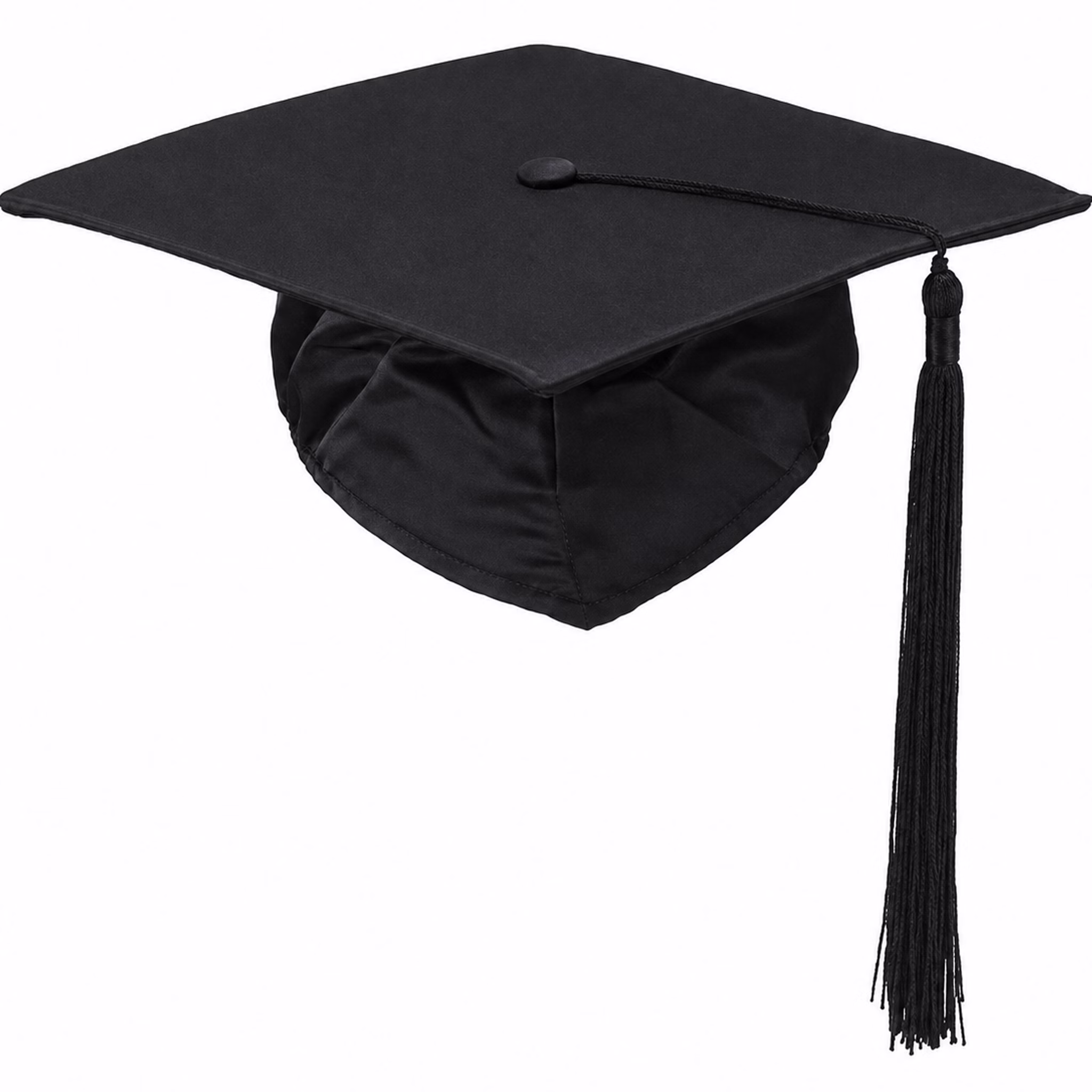Absolventenhut schwarz mit Quaste Abschlussfeier Diplomhut verstellbare Größe Bachelorhut Master Bachelor Diplom SALE Kostüm-Zubehör Schwarzer Absolventenhut aus Stoff mit langer schwarzer Quaste und verstellbarer Kopfweite auf weißem Hintergrund.