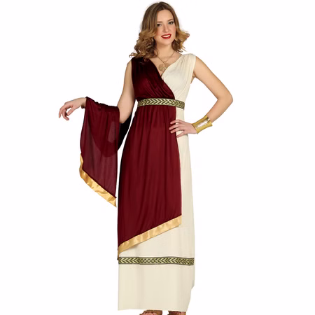 Römerin Kostüm Romana für Damen Antikes Griechin Kleid mit Schärpe Gr. 38-44 Kleid Antike Fasching Karneval Mottoparty Paarkostüm Gruppenkostüm Damenkostüm Römerin Romana in Cremeweiß und Bordeauxrot mit goldenen Bordüren und dekorativem Taillengürtel.