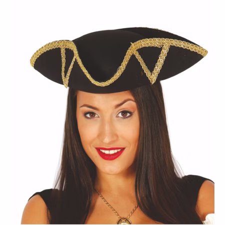 Piraten Hut Seeräuberin schwarz mit Goldborte KW 58 cm für Damen Kostüm-Zubehör Fasching Karneval Mottoparty Piraten-Hut Dreispitz Piraten Hut Seeräuberin schwarz mit Goldborte KW 58 cm für Damen Kostüm-Zubehör Fasching Karneval Mottoparty Piraten-Hut Dreispitz