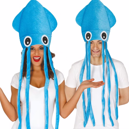 Tintentisch Hut Qualle blau für Erwachsene KW 60 cm Kostüm-Zubehör Tier-Hut Unisex für Damen & Herren Meerestier Unterwasser Fasching Karneval Mottoparty witziges Accessoire Frau und Mann tragen blaue Tintenfisch- bzw. Quallenhüte mit großen weißen Augen und langen Tentakeln. Beide lachen und posieren in weißen T-Shirts – die Tentakel hängen spielerisch herab.