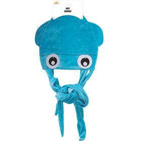 Frau und Mann tragen blaue Tintenfisch- bzw. Quallenhüte mit großen weißen Augen und langen Tentakeln. Beide lachen und posieren in weißen T-Shirts – die Tentakel hängen spielerisch herab.