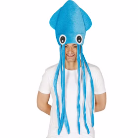 Tintentisch Hut Qualle blau für Erwachsene KW 60 cm Kostüm-Zubehör Tier-Hut Unisex für Damen & Herren Meerestier Unterwasser Fasching Karneval Mottoparty witziges Accessoire Mann trägt hellblauen Tintenfisch-Hut mit langen Tentakeln. Der Hut sitzt locker auf dem Kopf, die Augen sind groß und freundlich gestaltet.