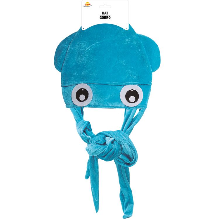 Frau und Mann tragen blaue Tintenfisch- bzw. Quallenhüte mit großen weißen Augen und langen Tentakeln. Beide lachen und posieren in weißen T-Shirts – die Tentakel hängen spielerisch herab.