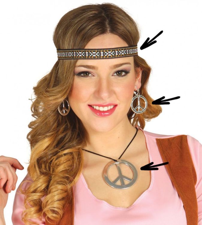 Hippie-Set Ohrringe Stirnband & Peace-Kette Kostüm-Zubehör Flower Power Accessoire Fasching Karneval Mottoparty Schlagermove