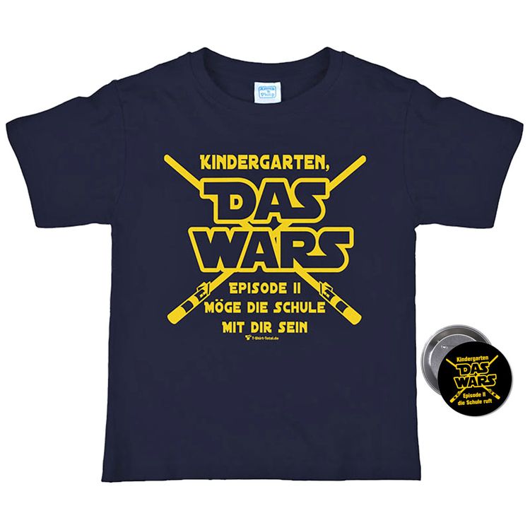 Schulanfang T-Shirt Kindergarten Das WARS Dunkelblau Navy mit Button für Kinder von Vorne