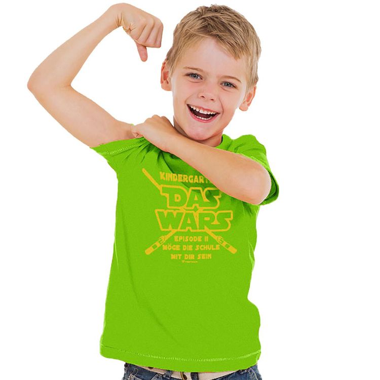 Schulanfang T-Shirt Kindergarten Das WARS Grün mit Button für Kinder von Vorne