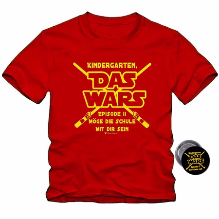 Schulanfang T-Shirt Kindergarten Das WARS Rot mit Button für Kinder Gr. 110-140 Geschenkidee Zuckertüte ABC-Schütze Schulanfang T-Shirt Kindergarten Das WARS Rot mit Button für Kinder von Vorne