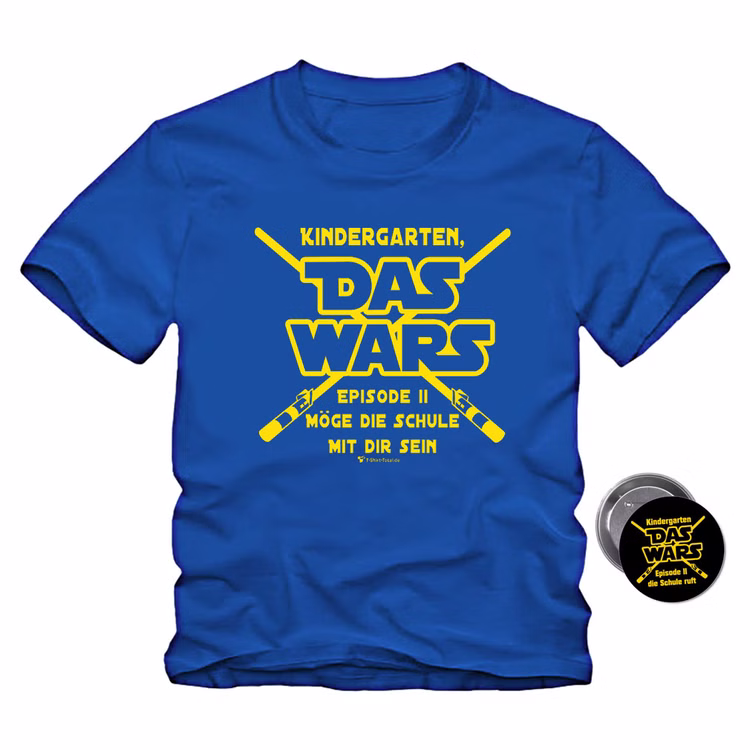 Schulanfang T-Shirt Kindergarten Das WARS Royalblau mit Button für Kinder Gr. 110-140 Geschenkidee Zuckertüte ABC-Schütze Schulanfang T-Shirt Kindergarten Das WARS Royalblau mit Button für Kinder von Vorne
