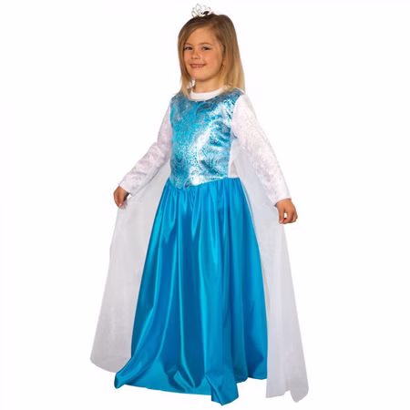 Prinzessin Kostüm Eiskönigin Saphira für Kinder Gr. 128-140 Kleid hellblau SALE Fasching Karneval Mottoparty Kindergeburtstag Mädchen im Prinzessin-Kostüm seitlich von Vorne.
