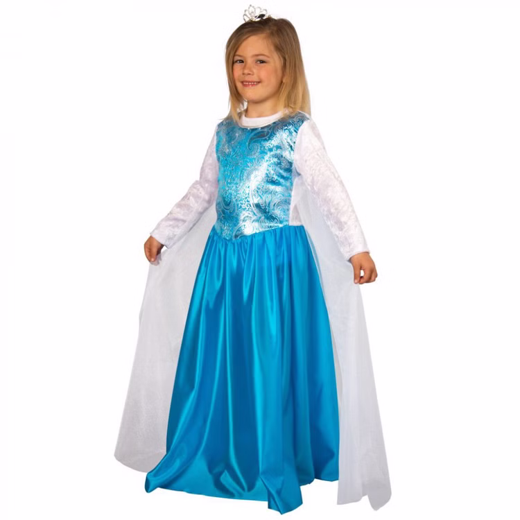 Prinzessin Kostüm Eiskönigin Saphira für Kinder Gr. 128-140 Kleid hellblau SALE Fasching Karneval Mottoparty Kindergeburtstag Mädchen im Prinzessin-Kostüm seitlich von Vorne.