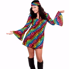 Hippie Kostüm Lea bunt Kleid mit Herzmuster für Damen Buntes Hippie Kostüm Lea für Damen mit Regenbogen-Herzmustern, Trompetenärmeln und Stirnband für Fasching und 70er Partys.