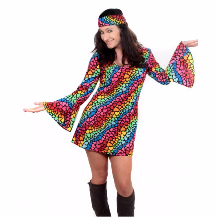 Hippie Kostüm bunt Damen Kleid Herzen Regenbogen Fasching Motttoparty Hippie Kostüm bunt Damen Kleid Herzen Regenbogen Fasching Motttoparty