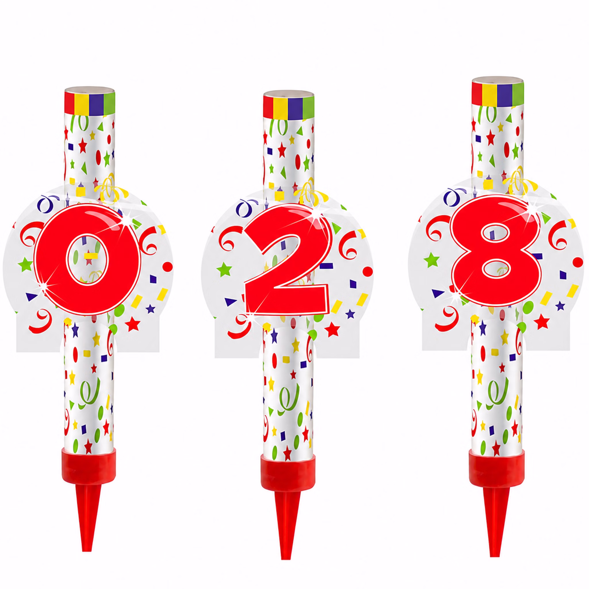 Eisfontänen Zahlen 0 2 und 8 Eisfontänen mit den Zahlen 0, 2 und 8 in bunter Partyoptik vor weißem Hintergrund, Kategorie F1 für Geburtstag und Jubiläum.