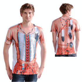 Bedrucktes Indianer Kostüm T-Shirt für Herren mit Körper-, Brustschmuck-, Perlen- und Federmotiv in Vorder- und Rückansicht.