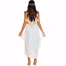 Rückansicht des weißen Cleopatra Kostüms für Damen mit langem transparentem Tüllumhang, goldenem Gürtel und Armschmuck.