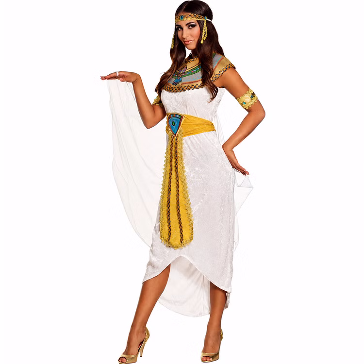 Cleopatra Kostüm Anuket Damen Vorderansicht Weiß-goldenes Cleopatra Kostüm Anuket für Damen mit asymmetrischem Kleid, Tüllumhang, Schmuckkragen und Kopfschmuck.