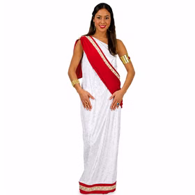 Griechin Kostüm Vlavia für Damen Elegantes Römerin Kleid Antik Gr. 36-44 Antike SALE Griechenland Fasching Karneval Mottoparty Frau im langen, weißen Griechenkostüm-Kleid mit roter Schärpe von Vorne.