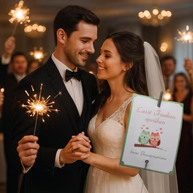 Hochzeit Wunderkerzen Set Brautpaartanz Verliebte Eulen 40 Karten & 40 Wunderkerzen zum Eröffnungstanz Party-Deko SALE Party-Artikel Hochzeitsfeier Hochzeitstanz Wunderkerzen-Set für den Brautpaartanz Motiv Verliebte Eulen bestehend aus 40 Karten und 40 Wunderkerzen mit dem Brautpaar im Vordergrund und den Hochzeitsgästen im Hintergrund