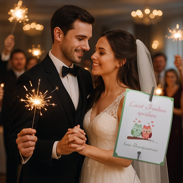 Hochzeit Wunderkerzen Set Brautpaartanz Verliebte Eulen 40 Karten & 40 Wunderkerzen zum Eröffnungstanz Party-Deko SALE Party-Artikel Hochzeitsfeier Hochzeitstanz Wunderkerzen-Set für den Brautpaartanz Motiv Verliebte Eulen bestehend aus 40 Karten und 40 Wunderkerzen mit dem Brautpaar im Vordergrund und den Hochzeitsgästen im Hintergrund