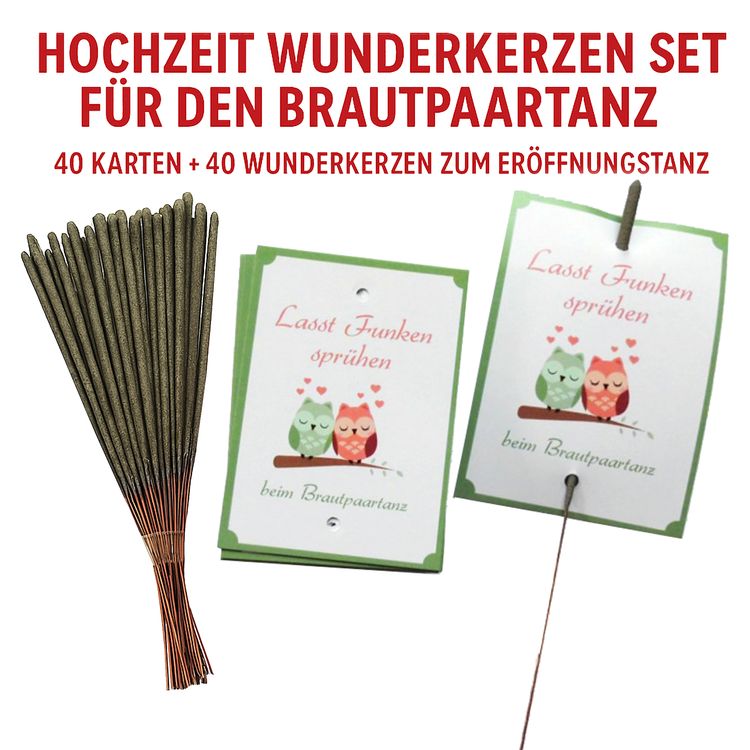 Wunderkerzen-Set für den Brautpaartanz Motiv Verliebte Eulen bestehend aus 40 Karten und 40 Wunderkerzen mit dem Brautpaar im Vordergrund und den Hochzeitsgästen im Hintergrund