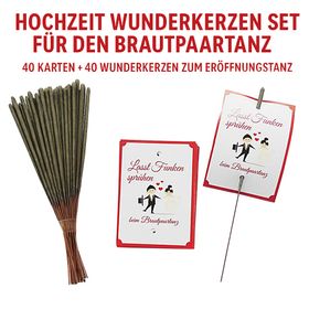 Wunderkerzen-Set für den Brautpaartanz bestehend aus 40 Karten und 40 Wunderkerzen mit dem Brautpaar im Vordergrund und den Hochzeitsgästen im Hintergrund