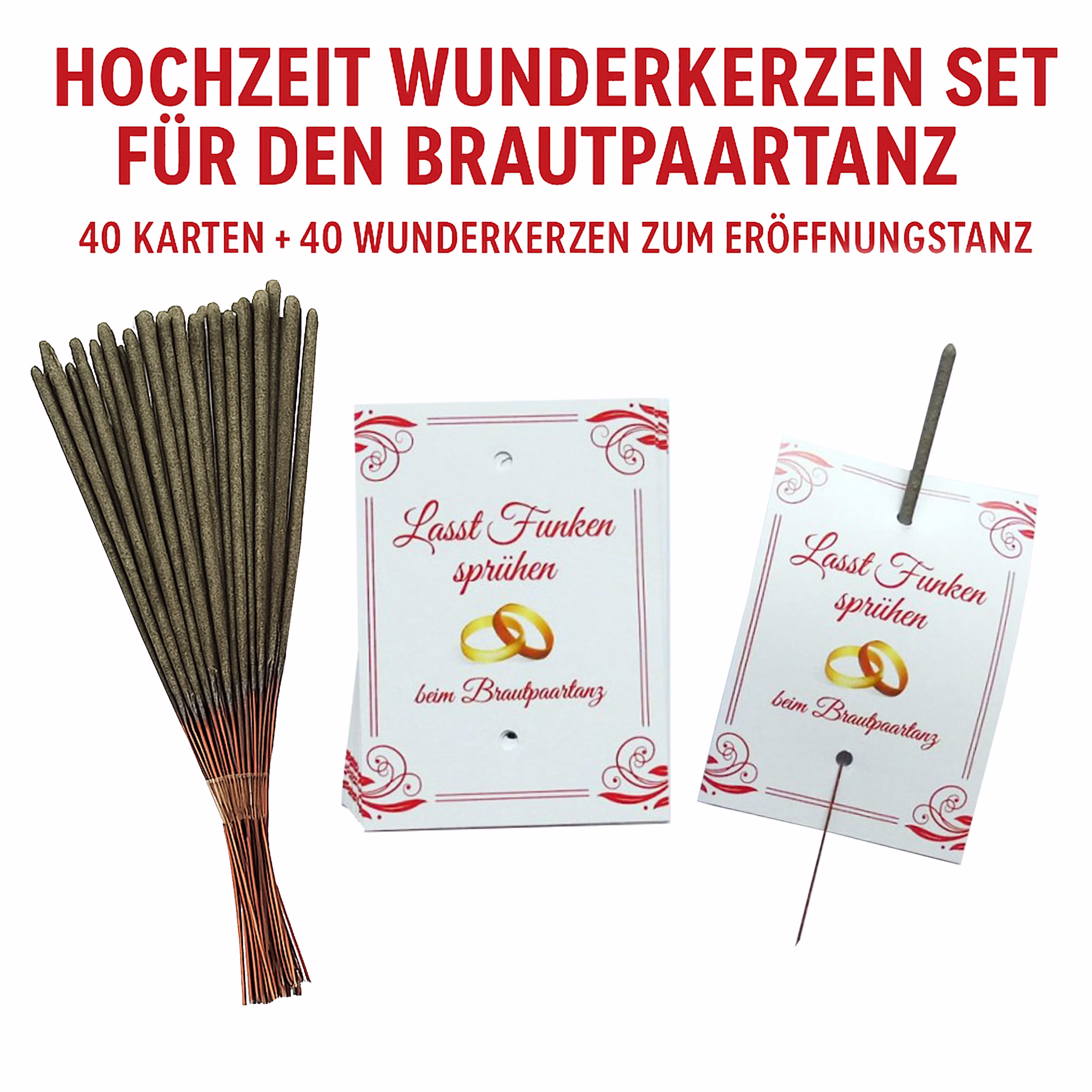 Übersicht Wunderkerzen-Set für den Brautpaartanz Motiv Ringe bestehend aus 40 Karten und 40 Wunderkerzen