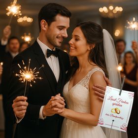 Wunderkerzen-Set für den Brautpaartanz Motiv Ringe bestehend aus 40 Karten und 40 Wunderkerzen mit dem Brautpaar im Vordergrund und den Hochzeitsgästen im Hintergrund