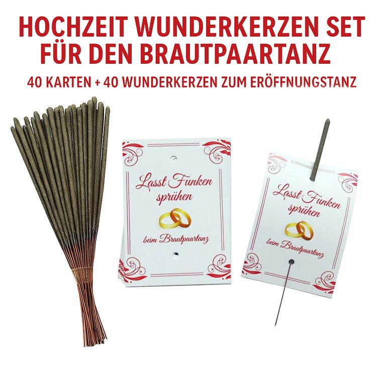 Wunderkerzen-Set für den Brautpaartanz Motiv Ringe bestehend aus 40 Karten und 40 Wunderkerzen mit dem Brautpaar im Vordergrund und den Hochzeitsgästen im Hintergrund