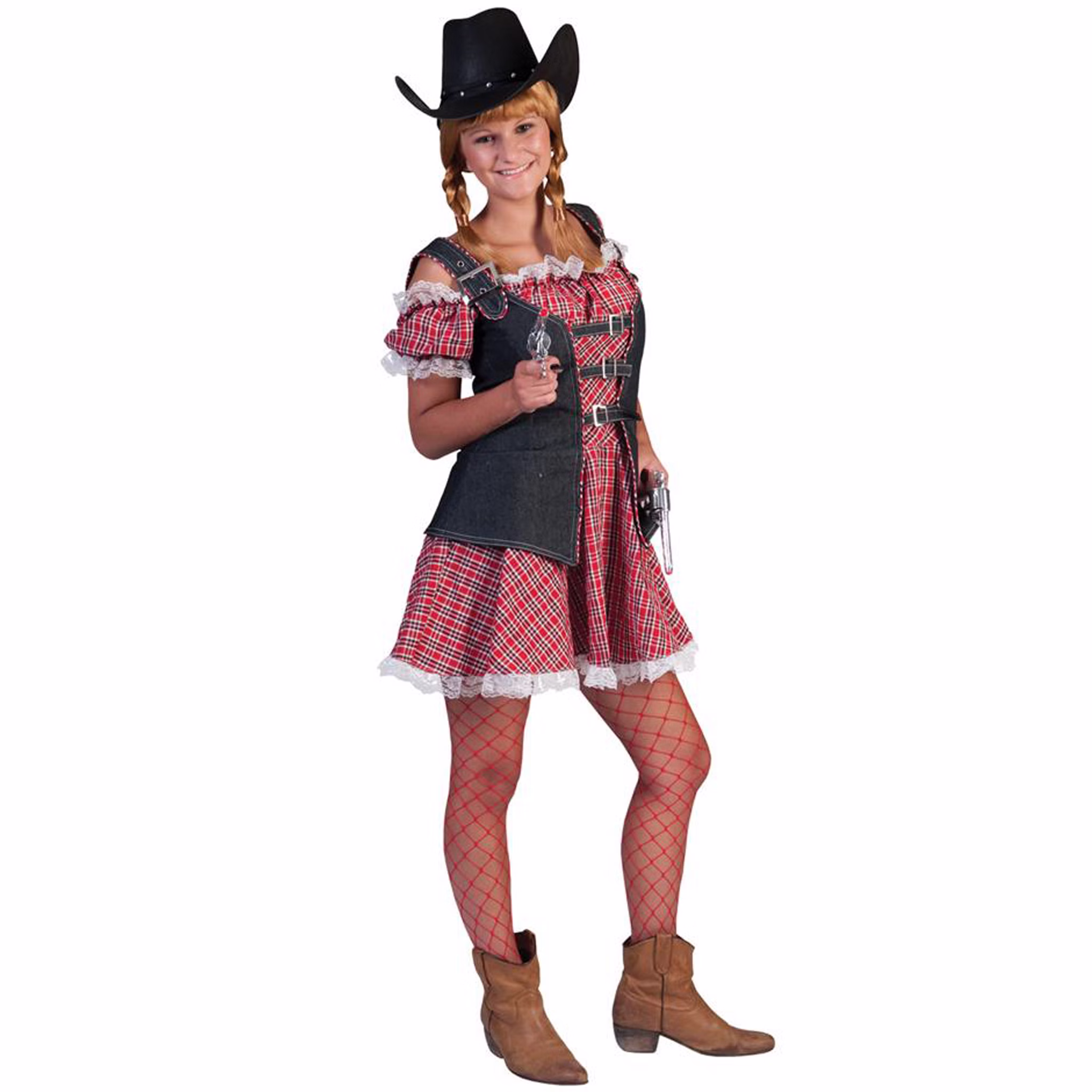 Western Lady Damenkostüm mit kariertem schulterfreiem Kleid, Jeansweste und verspielten Rüschen im Wildwest-Stil.