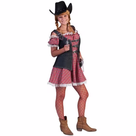 Western Lady Damenkostüm mit kariertem schulterfreiem Kleid, Jeansweste und verspielten Rüschen im Wildwest-Stil.