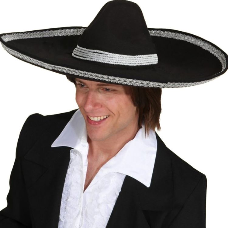 Sombrero Hut schwarz Halloween Mexikaner KW 55 cm für Herren Mariachi Tag der Toten Kostüm-Zubehör Fasching Karneval Mottoparty