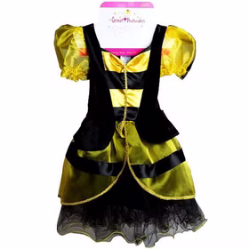 Schwarz-gelbes Bienenkostüm für Kinder als Kleid mit Puffärmeln, gestreiftem Oberteil und mehrlagigem Tüllrock vor weißem Hintergrund.