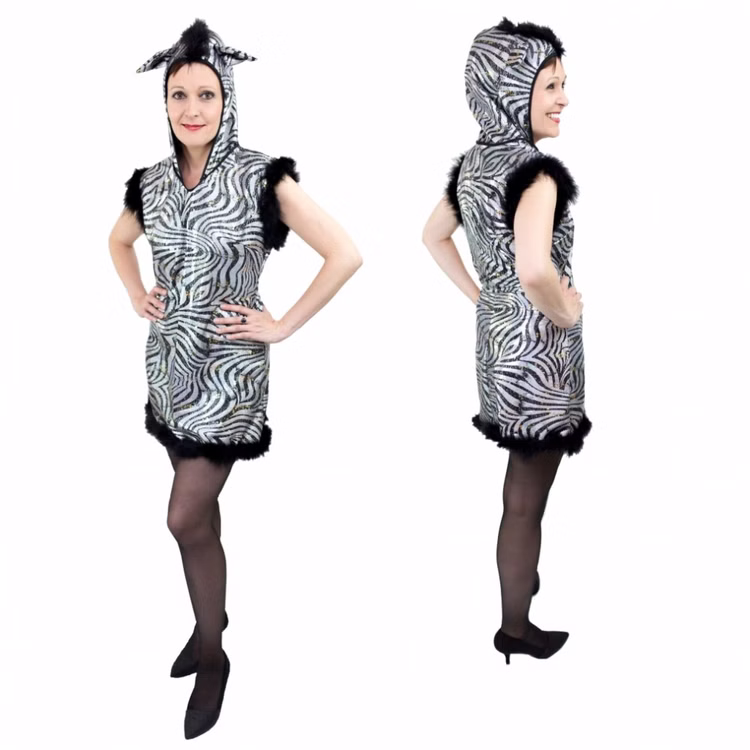 Zebra Kostüm für Damen Gr. S- L Kleid schwarz-weiß Tierkostüm Fasching Karneval Mottoparty SALE Kleid mit Kapuze Zebra Kostüm für Damen Gr. S- L Kleid schwarz-weiß Tierkostüm Fasching Karneval Mottoparty SALE Kleid mit Kapuze