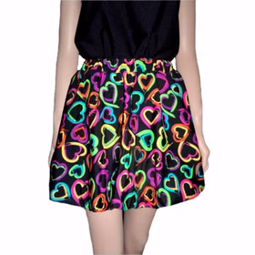 Rock mit bunten Neon-Herzen bedruckt für Damen Gr. XS-M 80er 90er Party Mottoparty Fasching Karneval Geburtstag Sommerrock Party-Outfit