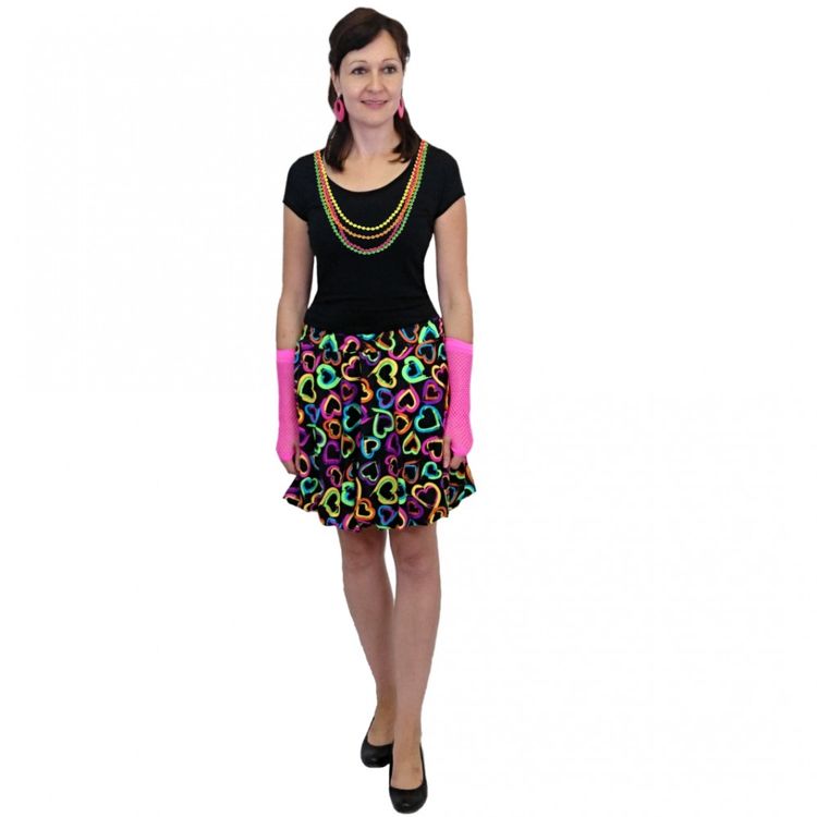 Rock mit bunten Neon-Herzen bedruckt für Damen Rock mit bunten Neon-Herzen bedruckt für Damen Gr. XS-M 80er 90er Party Mottoparty Fasching Karneval Geburtstag Sommerrock Party-Outfit