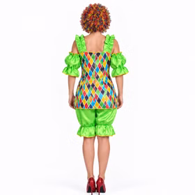 Rückansicht des Clown Kostüms Betty für Damen mit buntem Rautenmuster, grünem Satin und mittigem Reißverschluss am Rücken.