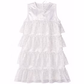 Weißes Engel-Kleid für Herren in Vorderansicht, ärmelloses Satin-Oberteil mit mehrlagigem transparentem Tüllrock und funkelnden Sternen, freigestellt auf weißem Hintergrund.