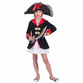 Piraten Kostüm Piratin Roberta für Kinder Gr. 116-152 Kleid mit Jacke SALE Fasching Karneval Mottoparty Kinderfasching Piratin Kinderkostüm mit weißem Spitzenkleid und schwarzer Piratenjacke mit roten und goldfarbenen Details.
