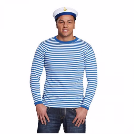 Ringelshirt Blau-Weiß Langarm Matrose für Erwachsene aus Baumwolle Gr. S-XXL SALE Fasching Karneval Mottoparty Kostüm-Zubehör Marine Unisex-Bekleidung Beachparty Mann im blau-weiß gestreiftes Langarm-Ringelshirt für Erwachsene aus Baumwolle – vielseitiges Kostüm-Basic für Matrosen, Seemänner und maritime Mottopartys.