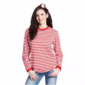 Ringelshirt Rot-Weiß Langarm für Erwachsene Maritim & Fasching Gr. S-XL SALE Fasching Karneval Mottoparty Kostüm-Zubehör Marine Unisex-Bekleidung Beachparty Dame trägt ein rot-weiß gestreiftes Langarm-Ringelshirt aus Baumwolle, ideal als maritime Verkleidung oder Basis für zahlreiche Kostümideen zu Fasching und Mottopartys.