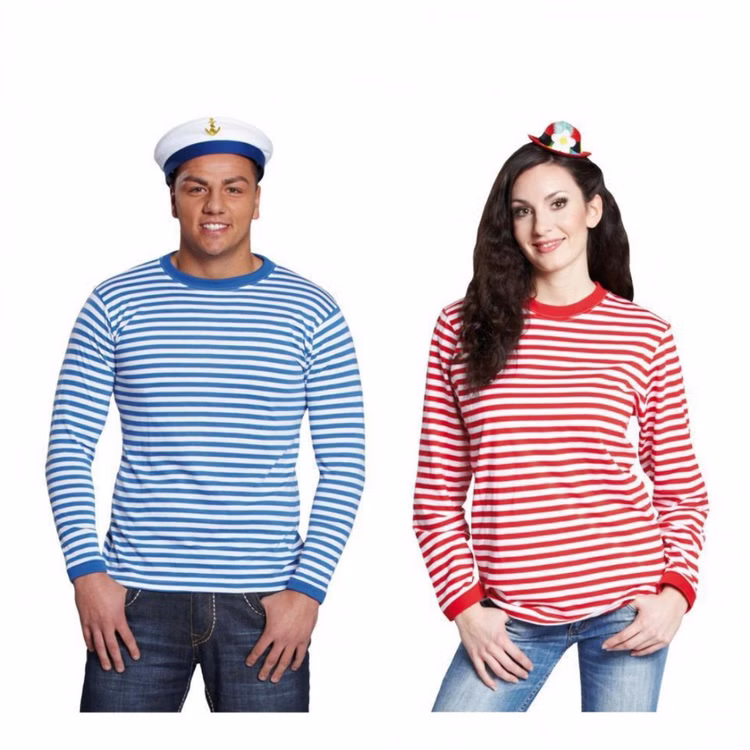 Ringelshirt Rot-Weiß Langarm für Erwachsene Maritim & Fasching Gr. S-XL SALE Fasching Karneval Mottoparty Kostüm-Zubehör Marine Unisex-Bekleidung Beachparty Mann trägt blau-weiß gestreiftes Langarm-Ringelshirt aus Baumwolle und die Frau ein rot-weiß gestreiftes Langarm-Shirt aus Baumwolle von Vorne.