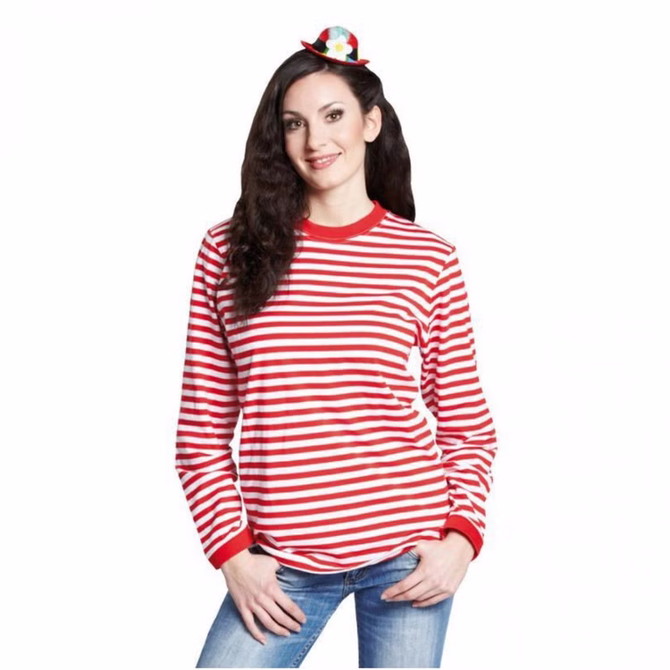 Ringelshirt Rot-Weiß Langarm für Erwachsene Maritim & Fasching Gr. S-XL SALE Fasching Karneval Mottoparty Kostüm-Zubehör Marine Unisex-Bekleidung Beachparty Dame trägt ein rot-weiß gestreiftes Langarm-Ringelshirt aus Baumwolle, ideal als maritime Verkleidung oder Basis für zahlreiche Kostümideen zu Fasching und Mottopartys.