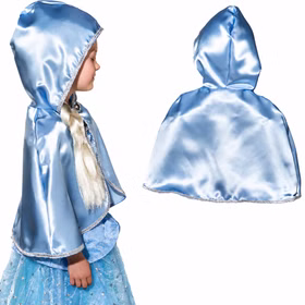 Prinzessinnen-Umhang Eiskönigin Hellblau Gr. 128/140 mit Kapuze Kostüm-Zubehör SALE Fasching Karneval Kindergeburtstag Mottoparty Rollenspiel Märchen Theater Seiten- und Rückansicht des hellblauen Kinderumhangs mit großer Kapuze, silberfarbener Einfassung und glänzender Satin-Optik.