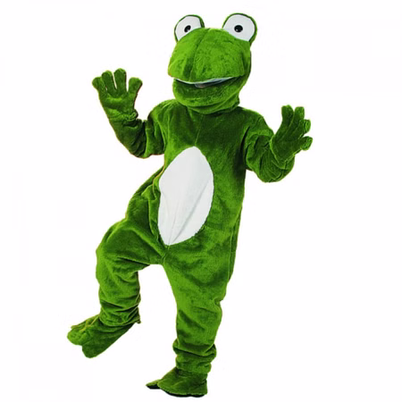 Frosch Maskottchen Kostüm Walking Act Grünes Frosch Maskottchen-Kostüm für Erwachsene mit großem Froschkopf, weißem Bauch, Overall, Handschuhen und Fußstulpen.